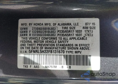 2015 Honda Odyssey Lx z USA, uszkodzony, nr VIN 5FNRL5H22FB131670